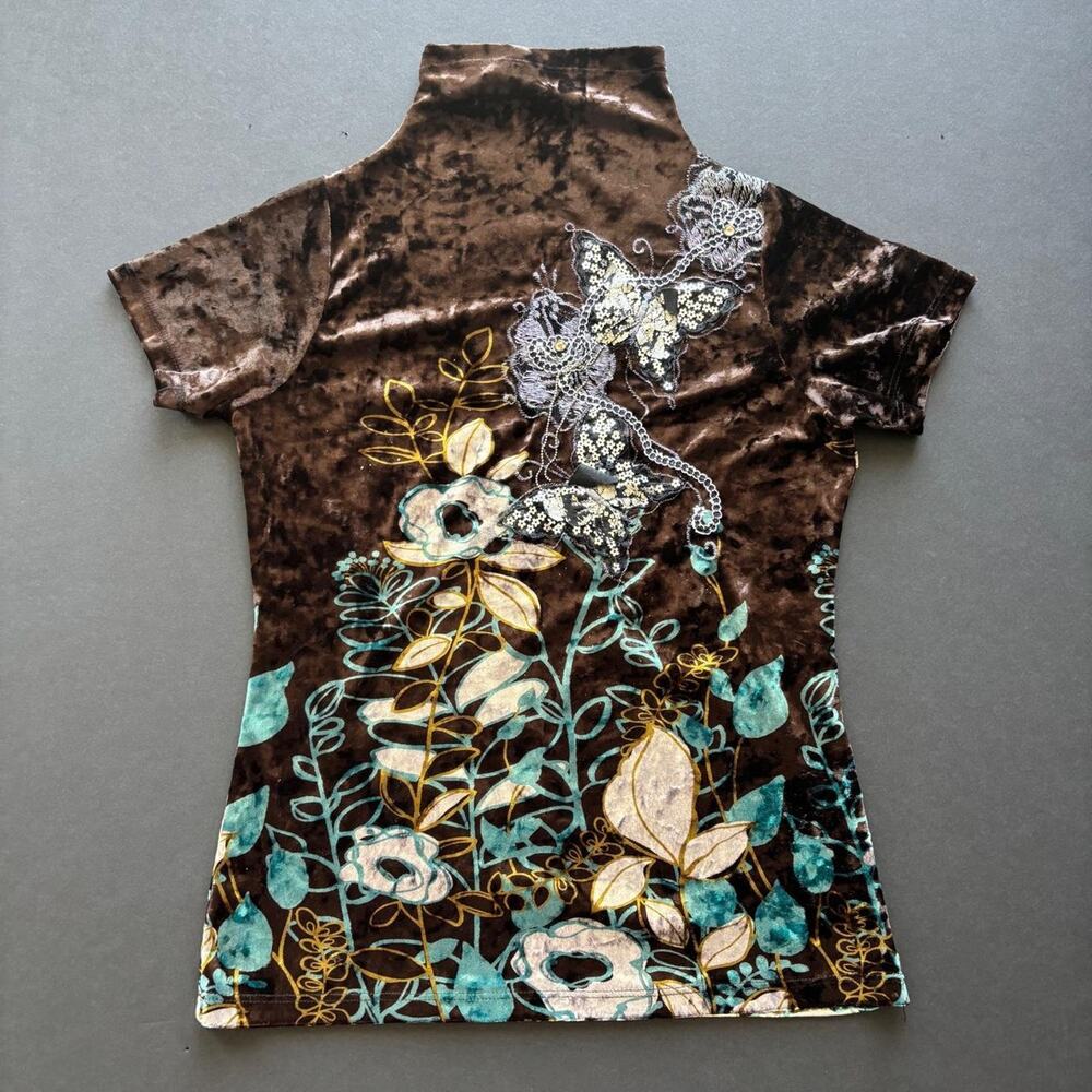 Vintage Brown velvet blouse w/ blue gold white floral leaf design - Size S